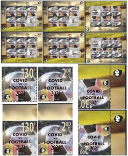 Russia and Finland 2021 Peterspost Qualifiers for the UEFA championship St.Petersburg Russia overprint COVID vs FOOTBALL full set of 6 stamps and 6 sheetlets of 5 stamps and label each (all varities)