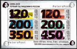 Russia 2021 COVID-2019 The first year of the pandemic in Russia overprints on Moscow Peterspost definitives 2015 block of 6 stamps type II (on block of 6 different stamps)
