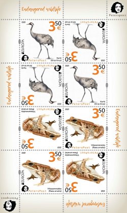 Finland 2021 Europa Endangered Wildlife minisheet of Peterspost issue crane and frog 3.50 EUR each in tet-beshes MNH