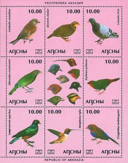 Russian occupation of Georgia Abhasia Abhazia 2004 birds sheetlet of 8 stamps and label MNH