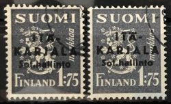 Finland 1941 WWII Occupation of East Karelia military government Coat of Arms definitives black overprint set of 2 stamps 1:75mk both types CTO
