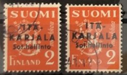 Finland 1941 WWII Occupation of East Karelia military government Coat of Arms definitives black overprint set of 2 stamps 2mk both types CTO