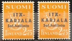 Finland 1941 WWII Occupation of East Karelia military government Coat of Arms definitives black overprint set of 2 stamps 2:75mk both types mint (**)