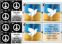 Finland 2022 No war! Help to Ukraine Peterspost and Russia set of blocks of 3 stamps with labels 2x2 each MNH