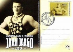 Estonia. First Day Cancellation on the postcard. "125 years since the birth of the seven-time world champion in Greco-Roman wrestling Jaan Iago"