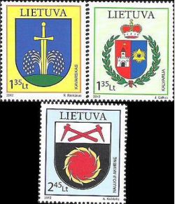 Lithuania 2012 Coat of arms of cities Kavarskas Kalvarija New Akmene Set of 3 stamps MNH