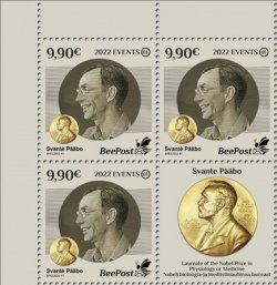 Estonia 2022 Significant events Svante Pääbo Nobel Prize in Psyhiology and medicine BeePost block of 3 stamps and label MNH
