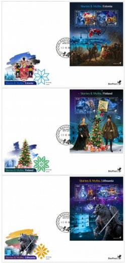 Estonia Finland Lithuania 2022 Europa CEPT Stories and Myths Legends of ancient castles and Christmas traditions BeePost set of 3 blocks FDCs